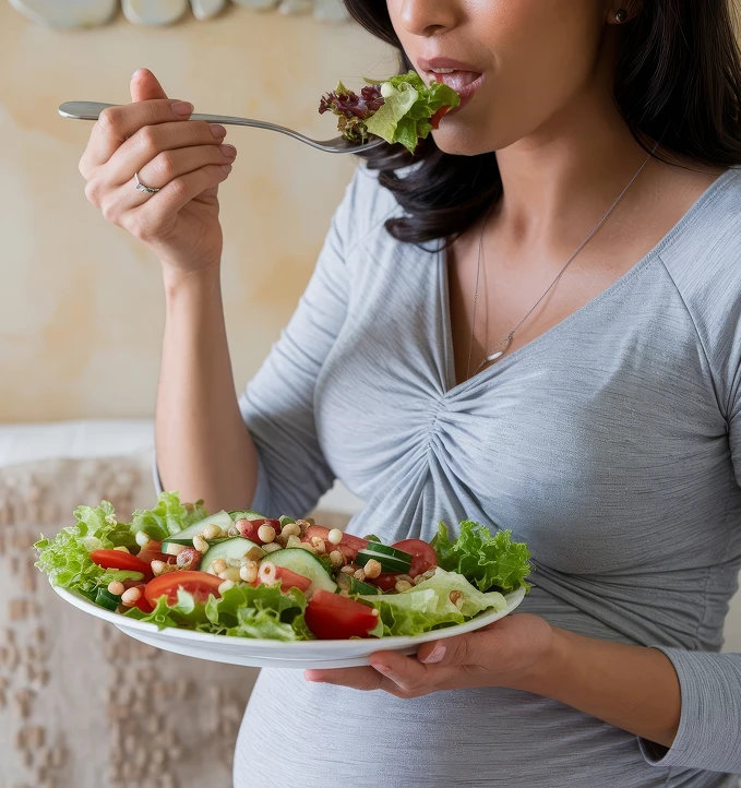 Mujer embarazada comiendo saludable