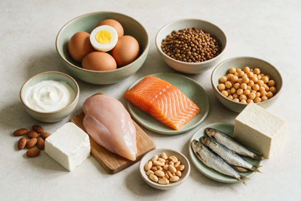 Alimentos ricos en proteínas sobre una encimera clara: huevos, pechuga de pollo, salmón, tofu, lentejas, garbanzos, yogur natural, queso fresco, almendras, cacahuetes y sardinas