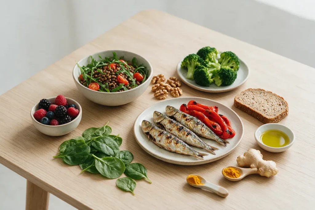 Alimentos de una dieta antiinflamatoria sobre una mesa de madera: sardinas a la plancha con pimientos asados, ensalada de lentejas, frutos rojos, nueces, brócoli, espinacas, pan integral, aceite de oliva, jengibre y cúrcuma