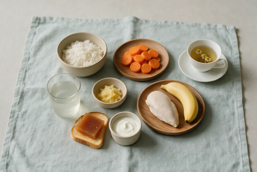 Alimentos de una dieta astringente sobre un mantel de lino: arroz blanco hervido, zanahoria cocida, pechuga de pollo, plátano maduro, manzana rallada, dulce de membrillo sobre pan tostado, yogur natural, un vaso de agua de arroz y una infusión de manzanilla