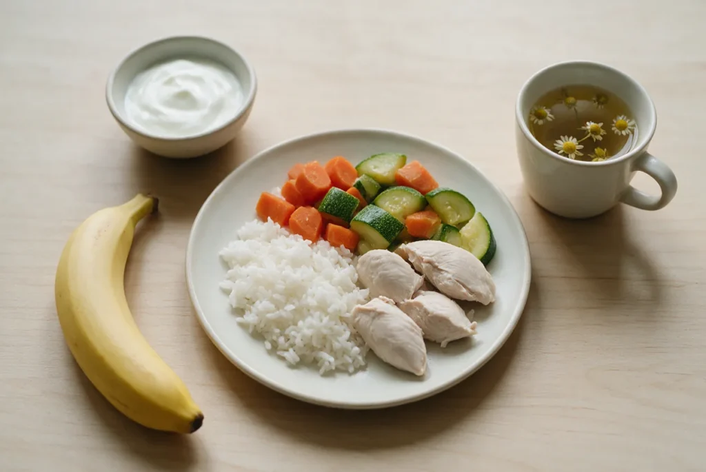 Plato de dieta blanda con arroz blanco, pollo, zanahoria y calabacin cocidos, yogur natural y platano maduro