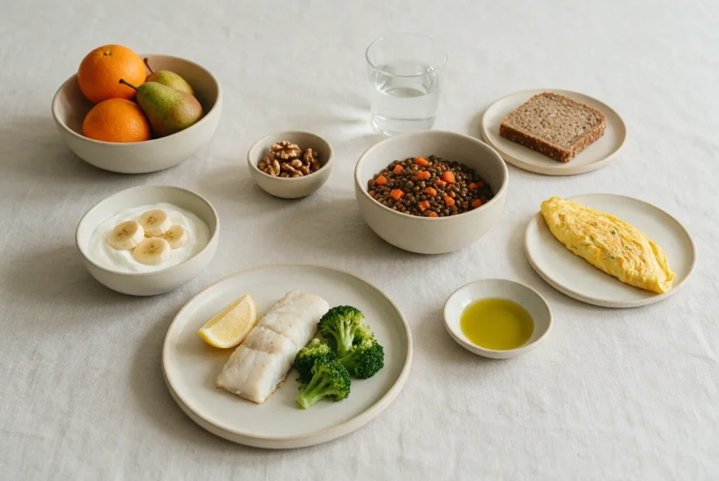 Comida sencilla y segura para el embarazo sobre un mantel de lino: merluza al horno con brócoli y limón, lentejas con zanahoria, yogur con plátano, tortilla francesa bien cuajada, pan integral, naranjas y peras, nueces, aceite de oliva y un vaso de agua