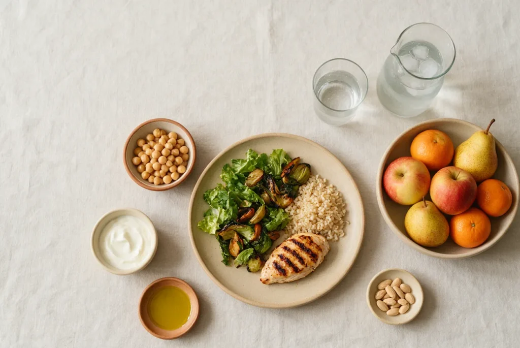 Plato equilibrado sobre un mantel de lino: ensalada y verduras asadas, arroz integral y pechuga de pollo a la plancha, con garbanzos, yogur natural, aceite de oliva, almendras, fruta de temporada y una jarra de agua