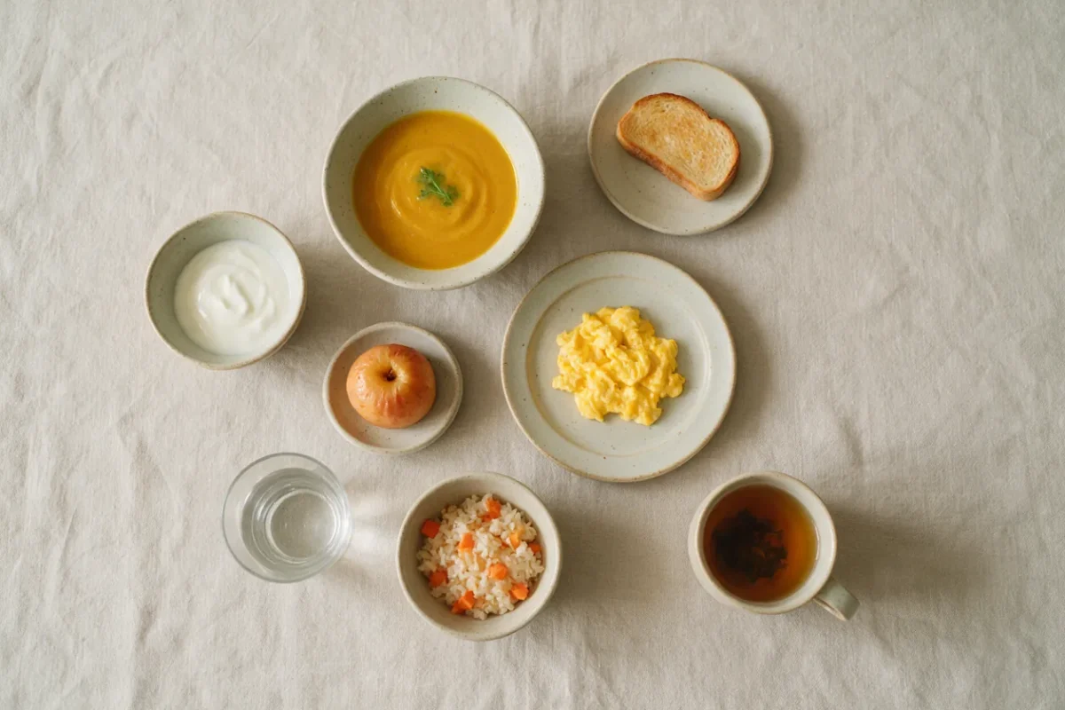 Comida sencilla y templada sobre un mantel de lino: crema de calabaza, tostada, yogur natural, manzana asada, huevo revuelto, arroz con zanahoria, un vaso de agua y una infusión
