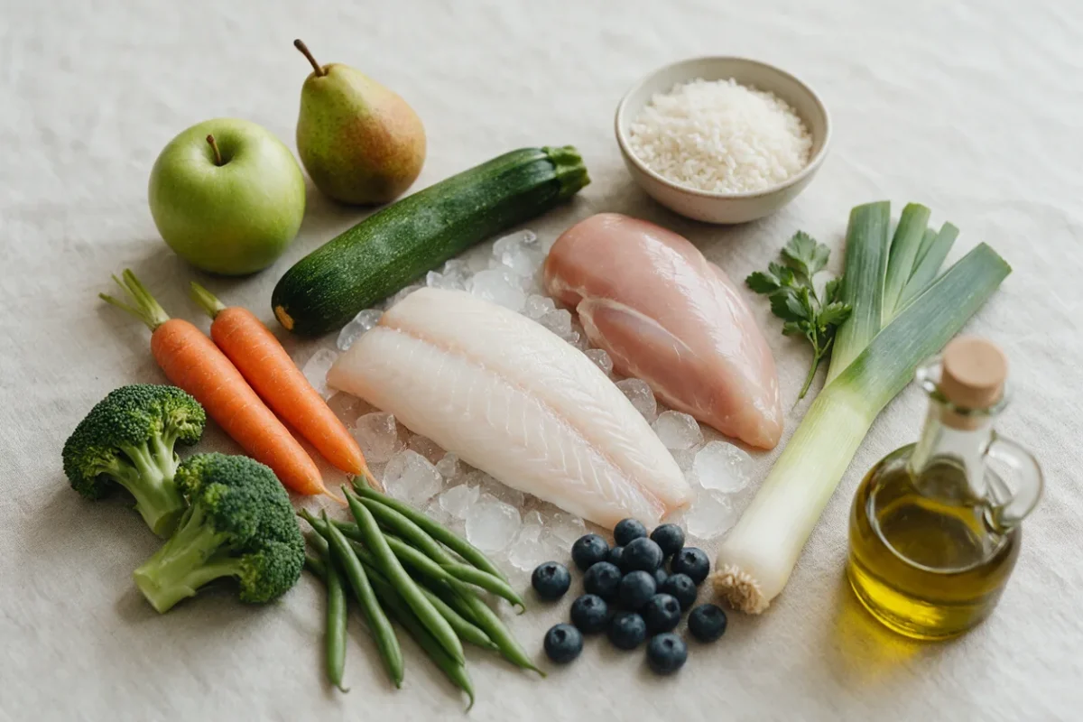Alimentos frescos bajos en histamina: pescado blanco sobre hielo, pollo, verduras, manzana, pera, arandanos y aceite de oliva