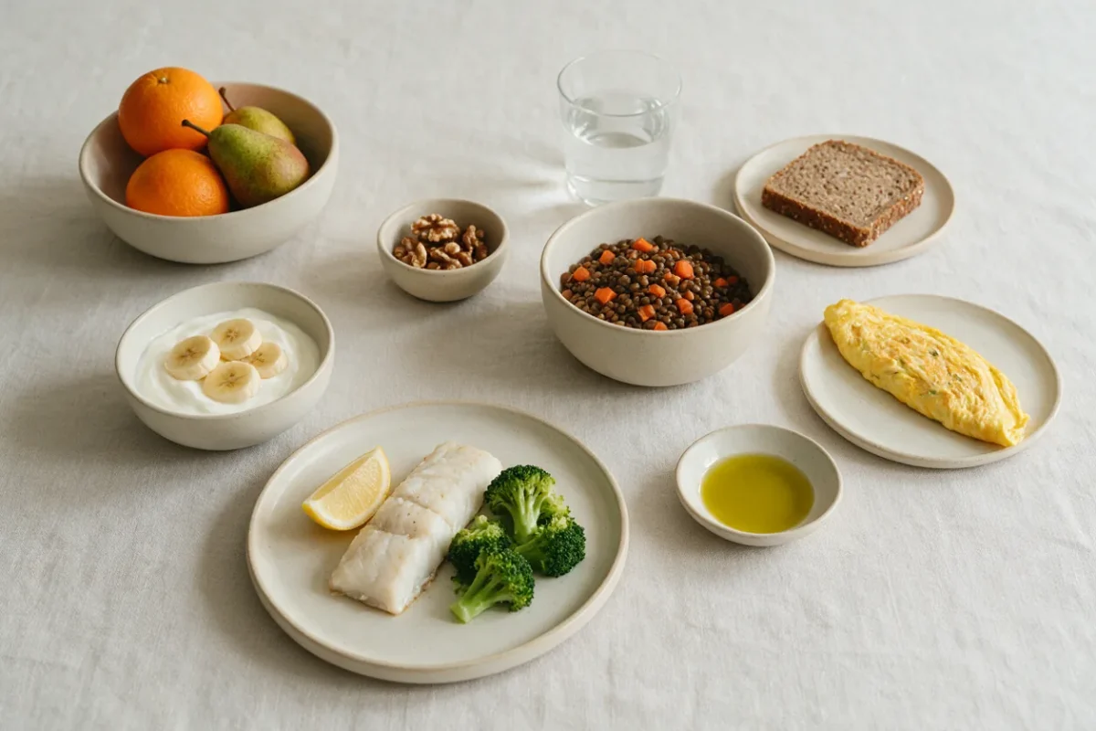 Comida sencilla y segura para el embarazo sobre un mantel de lino: merluza al horno con brócoli y limón, lentejas con zanahoria, yogur con plátano, tortilla francesa bien cuajada, pan integral, naranjas y peras, nueces, aceite de oliva y un vaso de agua