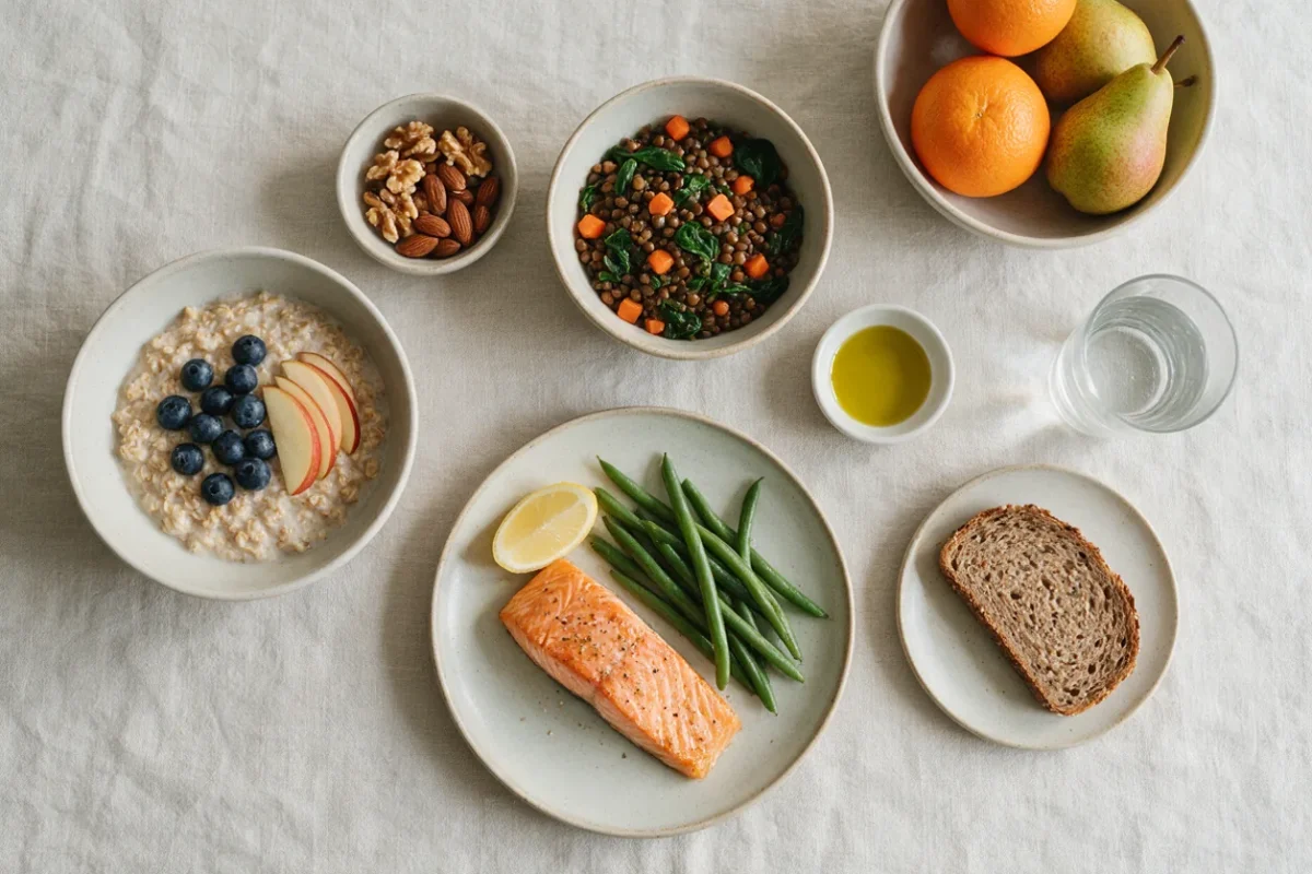 Comida mediterránea sobre un mantel de lino: copos de avena con arándanos y manzana, lentejas con zanahoria y espinacas, salmón al horno con judías verdes, nueces y almendras, aceite de oliva virgen extra, naranjas, peras y pan integral