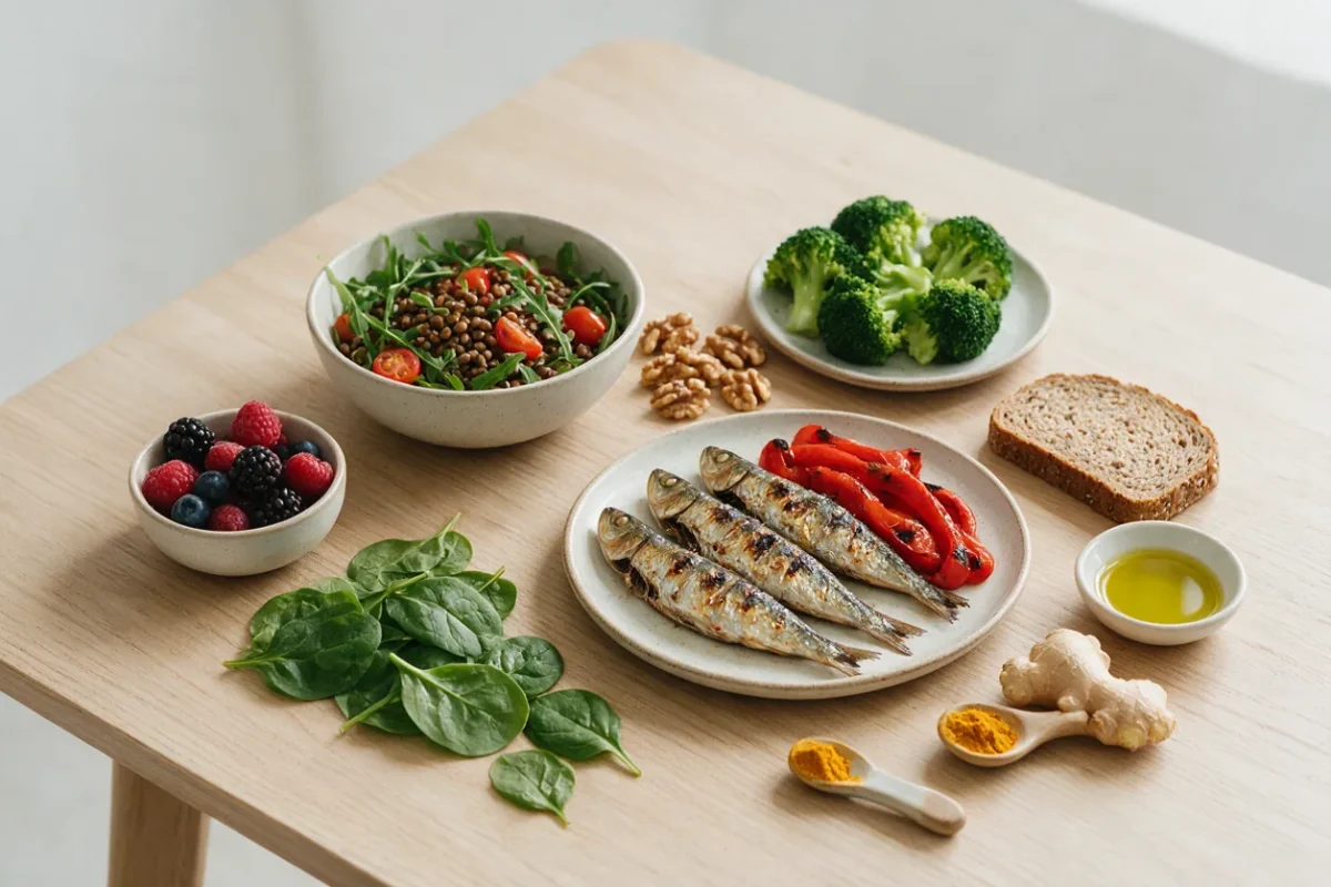 Alimentos de una dieta antiinflamatoria sobre una mesa de madera: sardinas a la plancha con pimientos asados, ensalada de lentejas, frutos rojos, nueces, brócoli, espinacas, pan integral, aceite de oliva, jengibre y cúrcuma
