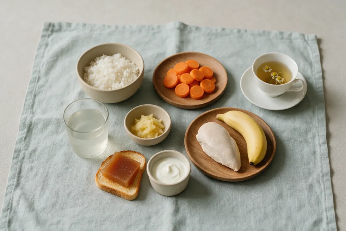 Alimentos de una dieta astringente sobre un mantel de lino: arroz blanco hervido, zanahoria cocida, pechuga de pollo, plátano maduro, manzana rallada, dulce de membrillo sobre pan tostado, yogur natural, un vaso de agua de arroz y una infusión de manzanilla