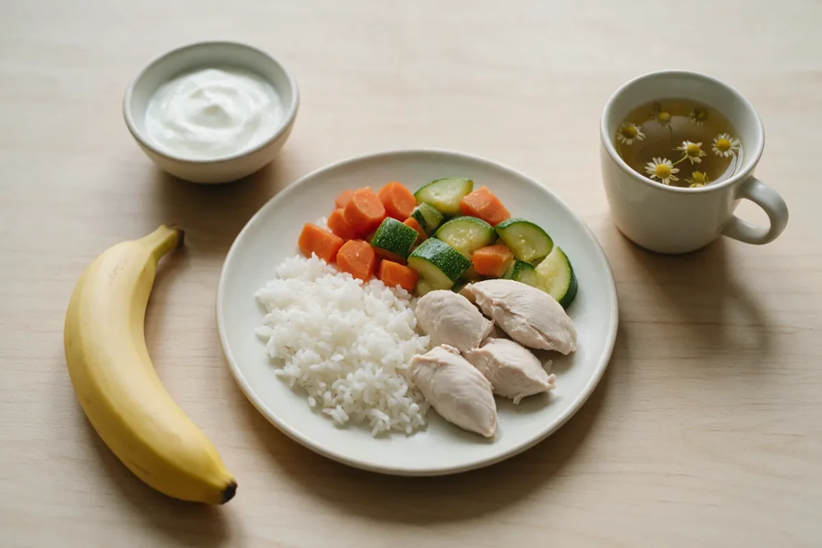 Plato de dieta blanda con arroz blanco, pollo, zanahoria y calabacin cocidos, yogur natural y platano maduro