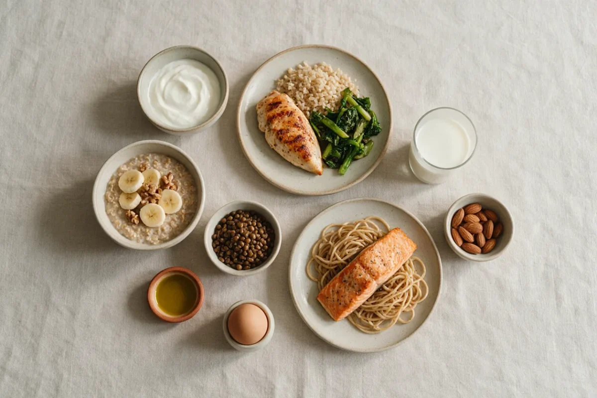 Comidas para ganar masa muscular sobre un mantel de lino: pechuga de pollo con arroz integral y verdura, avena con plátano y nueces, yogur griego, salmón con pasta integral, lentejas, huevo cocido, aceite de oliva, almendras y un vaso de leche