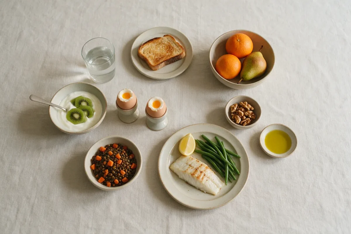 Desayuno y comida sencillos sobre un mantel de lino claro: vaso de agua, yogur natural con kiwi, dos huevos pasados por agua, pan tostado, pescado blanco a la plancha con limón y judías verdes, lentejas con zanahoria, naranjas, una pera, nueces y aceite de oliva