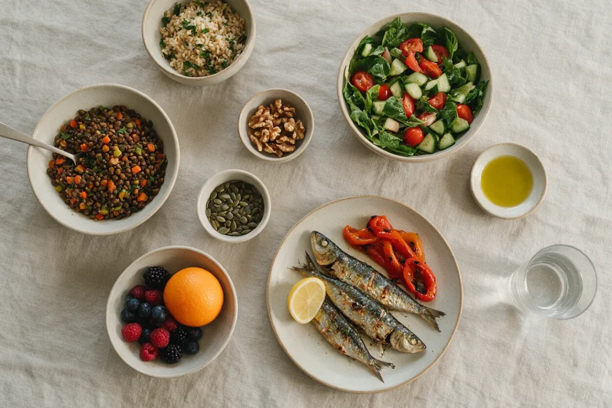Comida de dieta RAD sobre un mantel de lino: lentejas con verduras, sardinas a la plancha con pimientos asados, ensalada de hojas verdes, arroz integral, nueces, pipas de calabaza, aceite de oliva virgen extra y frutos rojos