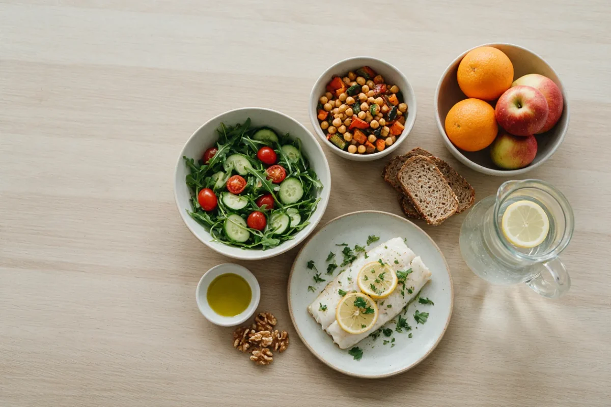 Comida mediterránea sobre una mesa de madera clara: ensalada de rúcula con tomate cherry y pepino, pescado blanco al horno con limón, garbanzos con verduras asadas, aceite de oliva, nueces, naranjas, manzanas, pan integral y una jarra de agua con limón