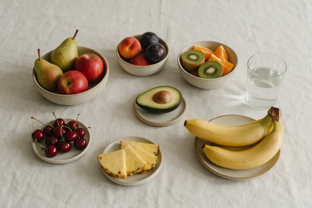 Bodegón de fruta sobre un mantel de lino: peras y manzanas rojas, cerezas, melocotones y ciruelas, medio aguacate, kiwis con gajos de naranja, rodajas de piña, plátanos y un vaso de agua