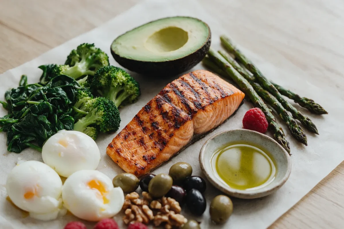 Plato de dieta cetogenica con salmon a la plancha, aguacate, huevos, espinacas, brocoli y esparragos