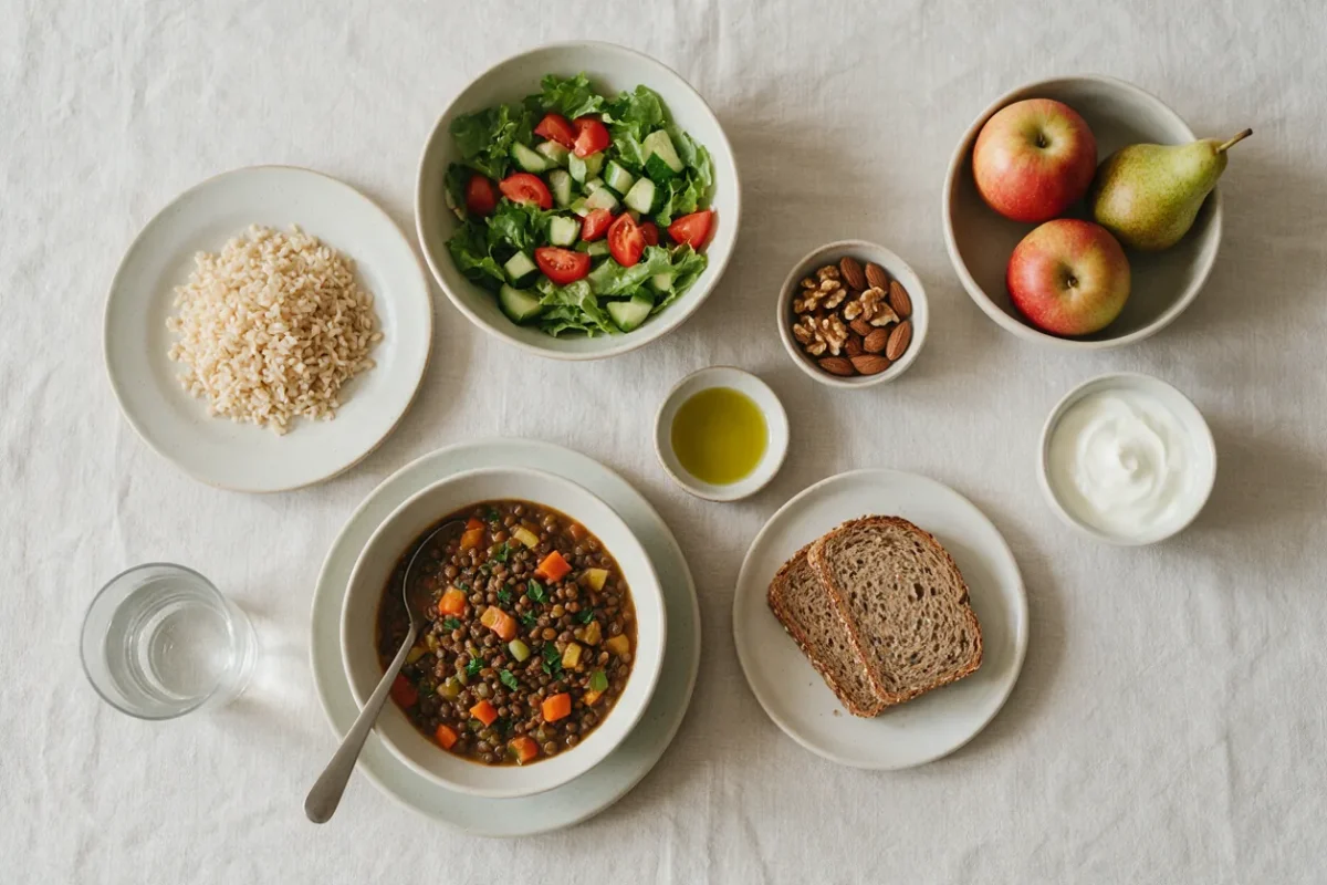 Comida mediterránea sobre un mantel de lino: guiso de lentejas con verduras, arroz integral, ensalada de tomate y pepino, pan integral, aceite de oliva virgen extra, nueces y almendras, manzanas y una pera, yogur natural y un vaso de agua