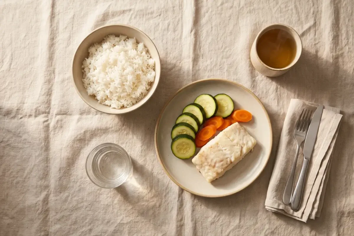 Cena ligera sobre un mantel de lino: pescado blanco al horno con calabacín y zanahoria, un cuenco de arroz blanco, una infusión y un vaso de agua