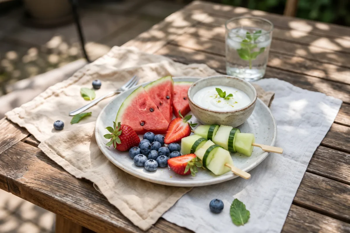 Plato de snacks saludables de verano con sandía, fresas, arándanos y brochetas de melón
